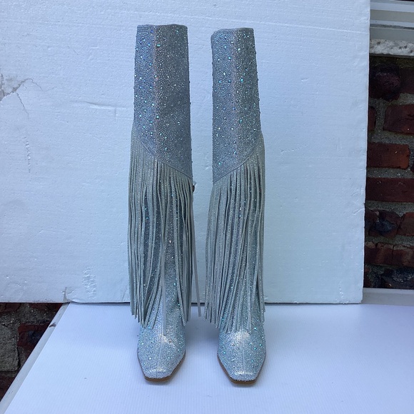 Rhinestone Embellished Sparkly Fringed Tall Boots 6 - Picture 2 of 7